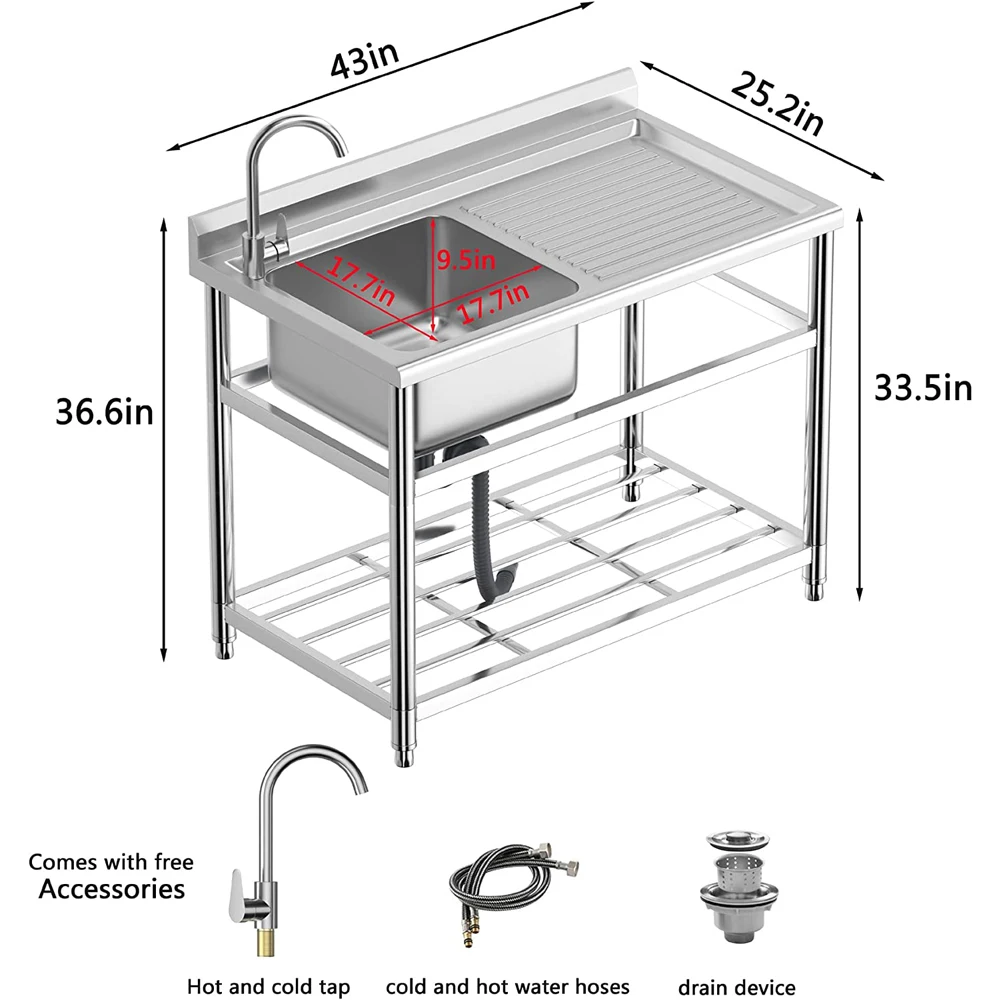 Commercial Restaurant Sink, for Business Restaurant,Freestanding Stainless Steel Sink