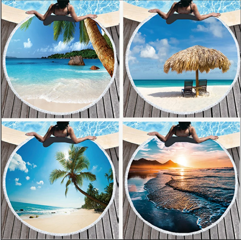 Eco-Friendly Personalized Customized Logo Round Beach Towel for Adult Customize Printed Bath Blanket Yoga Mat With Tassels