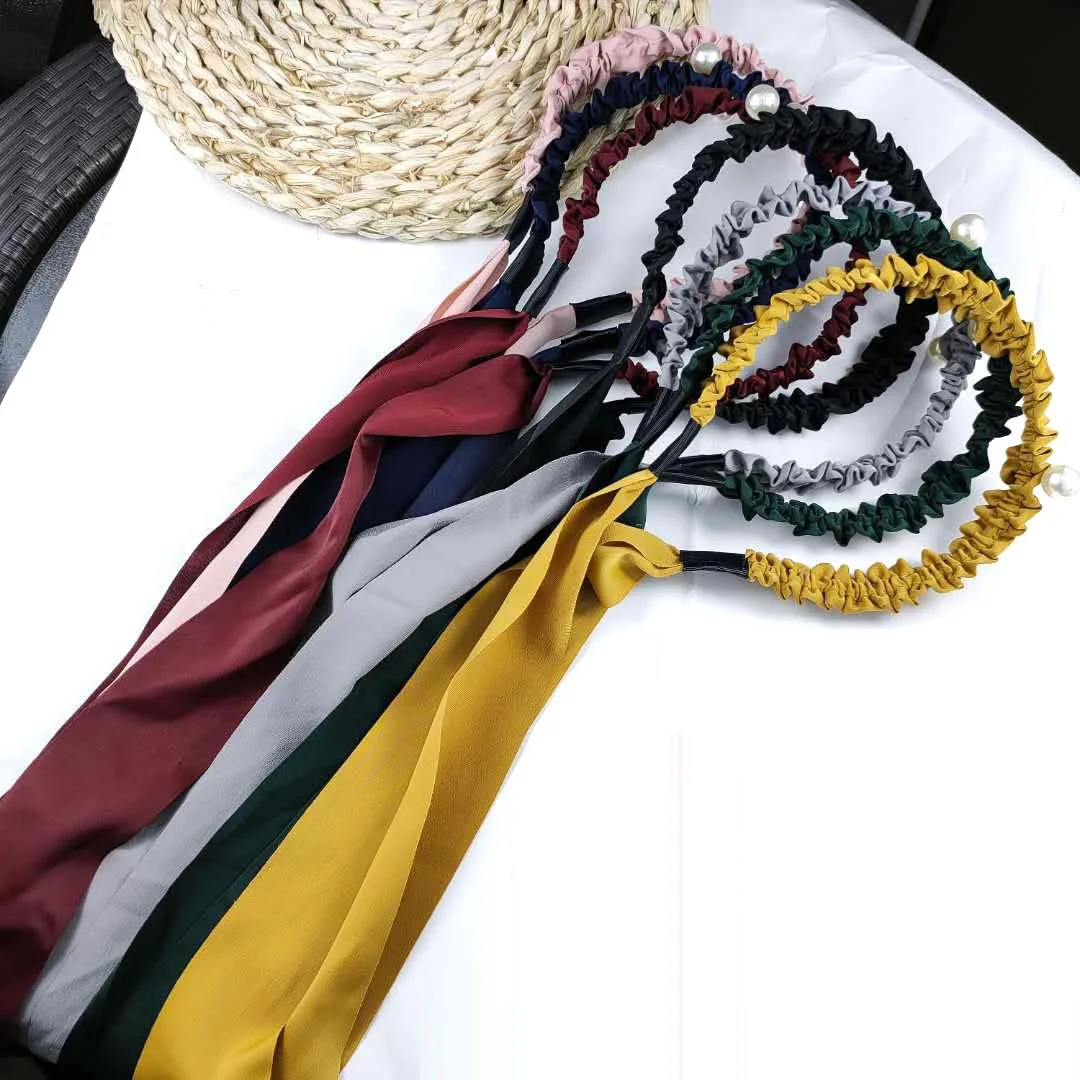 GEERDENG Wholesale New Ins Crinkle Satin Pearls Elastic Hair Band Hair Accessories Pleated Fabric Ribbon Head Bands For Women