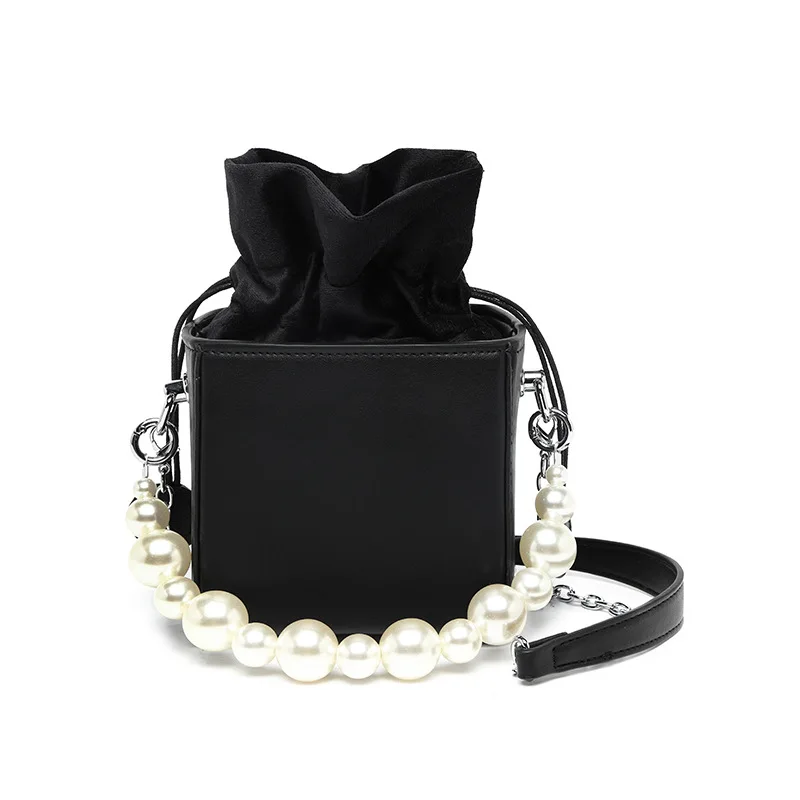 Fashion Candy Color Small HandBag Drawstring Bucket Bag One Shoulder Pearl Chain Crossbody Bags