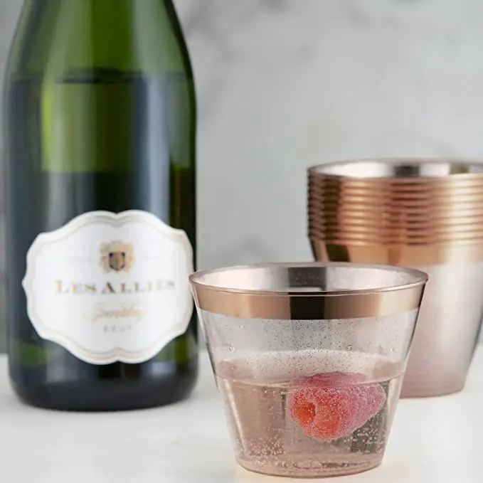 Disposable 9 oz Color Rim with Glitter Plastic Cups Hard Plastic  gold / rose/gold/silver rim with colorful glitter