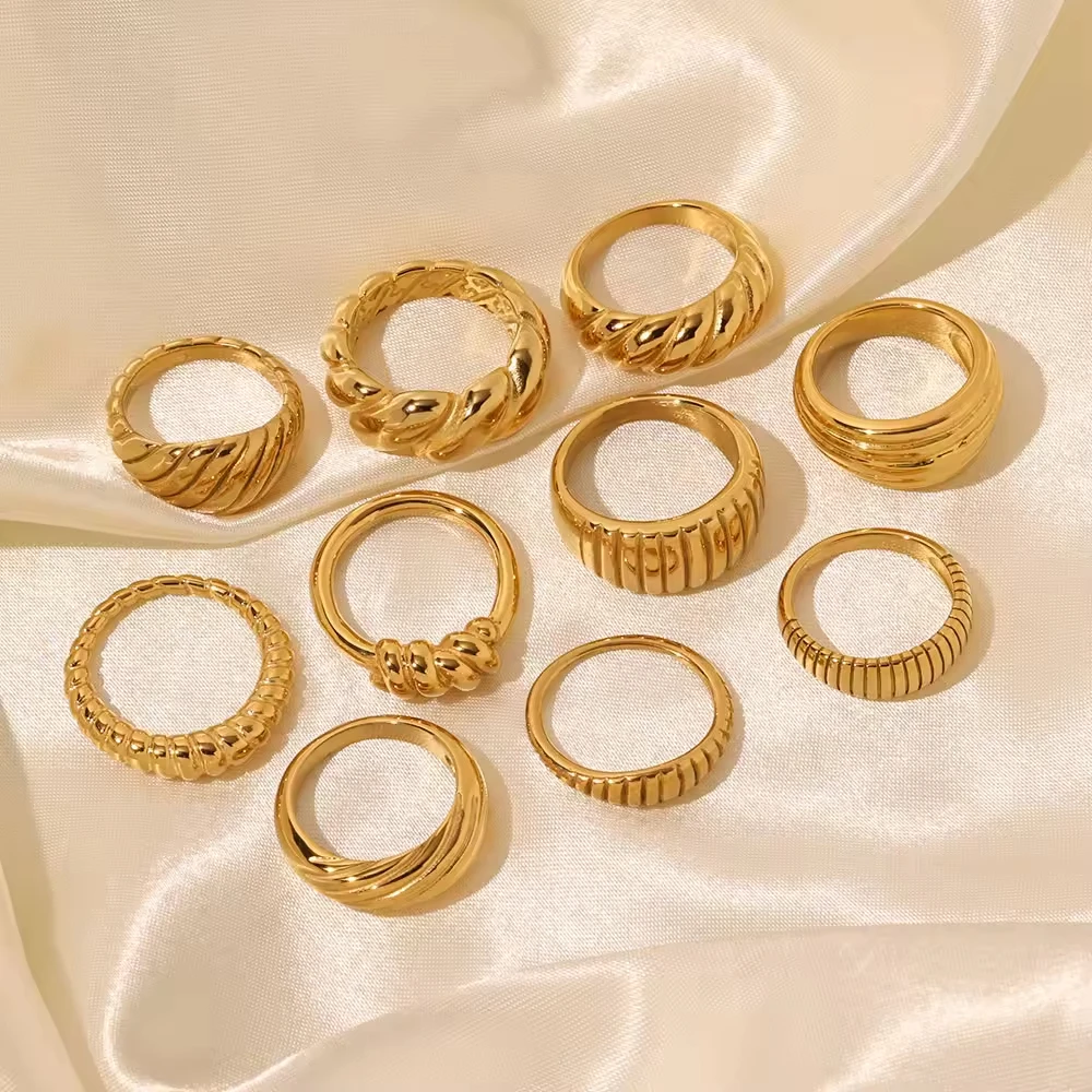 Fashion Punk Geometric Smooth Chunky Ring Waterproof Non Tarnish PVD Gold Plated Stainless Steel Twisted Finger Rings For Women