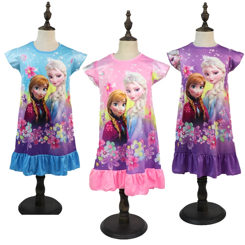 Anna Elsa Girls Nightdress Short Sleeve Straps Ruffle Princess Dress Pajamas Slin Nightgowns Kids Clothes girls dresses