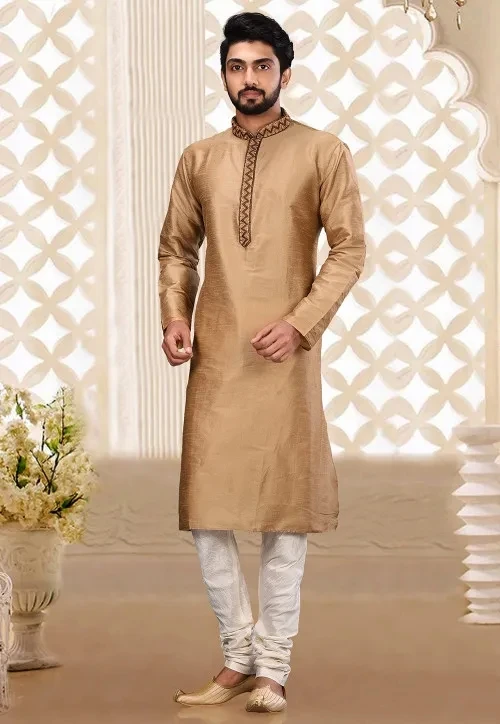 
Hand Embroidered Dupion Silk Kurta Set in Beige 