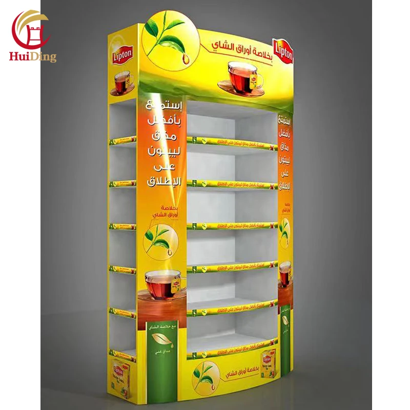 Customized Hot Beverage Supermarket Paper Shelves Milk Tea Drinks Cardboard Racks Paperboard Floor Display Stand for Drinks