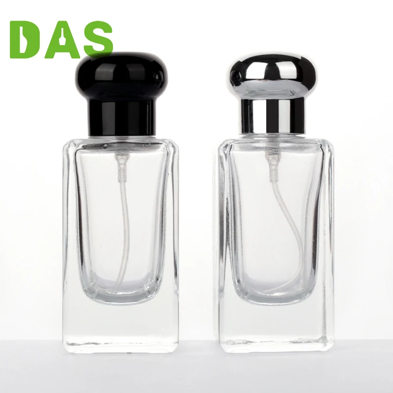 DAS square clear Perfume packing 25ml creed glass perfume bottle with spray gold and sliver mushroom design cap