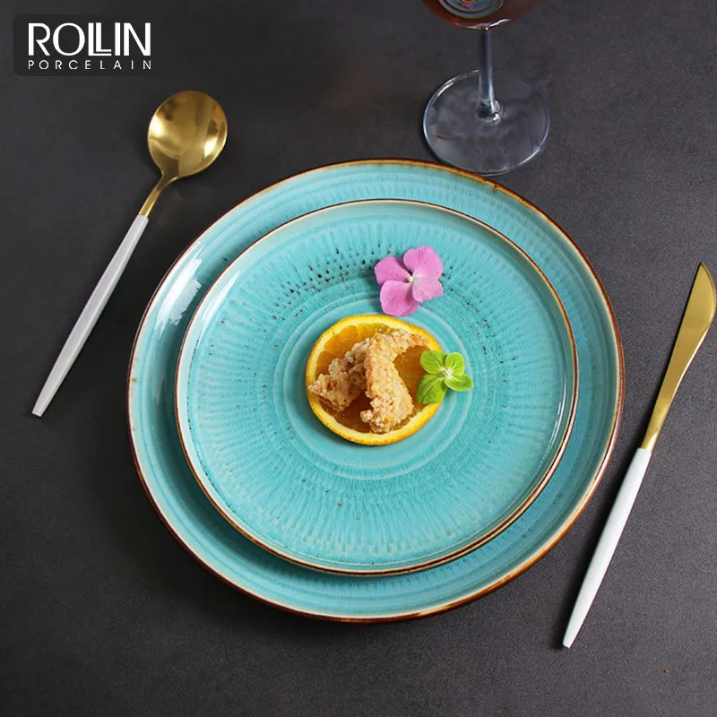 Microwave Oven Safe Porcelain ceramic tableware Under Glaze Turquoise Green Dinnerware Set Plates for Restaurant Crockery