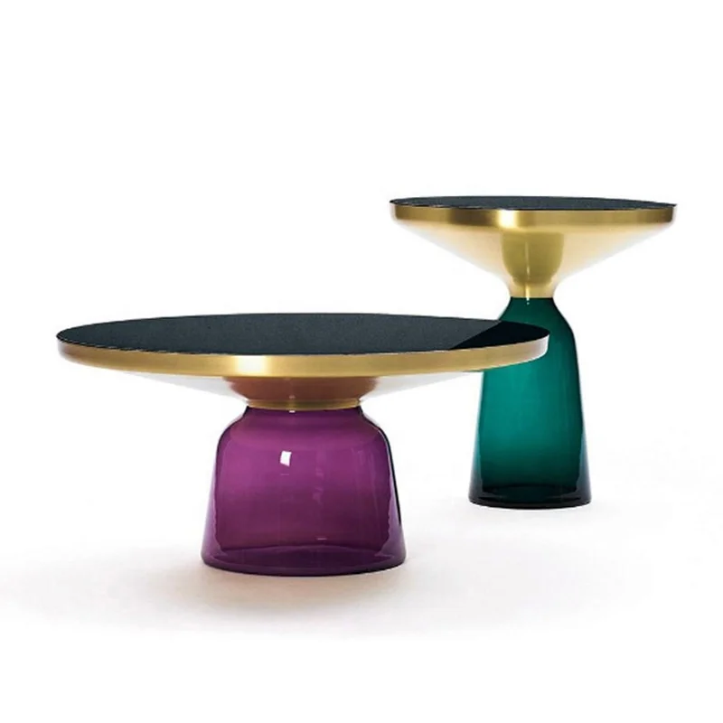 Luxury Living Room Furniture Gold Brass Black Temper Glass Top Bell Side Coffee Table