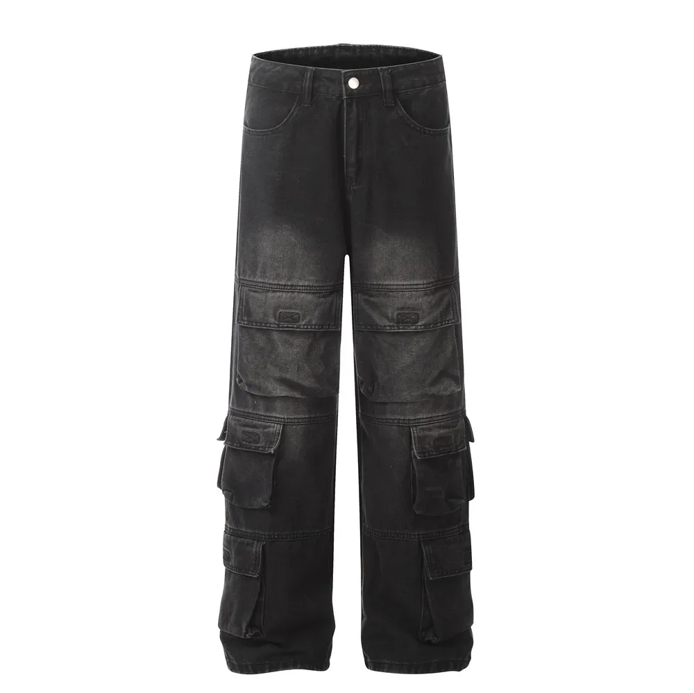 American Street Men Faded Washed Cargo Jeans Custom Denim Y2k Fashion Wide Leg Jeans Bottom Carpenter Pants Baggy Designer Jeans