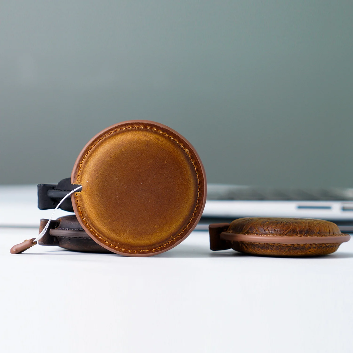 Custom logo debossed square shape yellow leather cover mini tape measure keychain