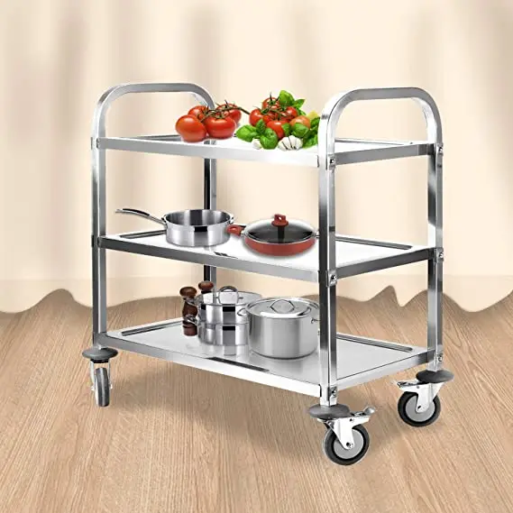 Stainless 3 Shelf Utility Service Cart 3-Tier Kitchen Trolley SUS201 Storage Cart with Locking Wheels for Hotels Restaurant