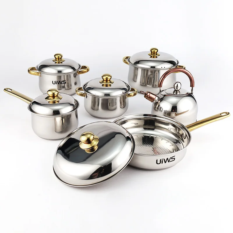 Stainless Steel Cookware Set Kitchen Pots And Pans Set Gold Cooking Pots Set With Steel Lids