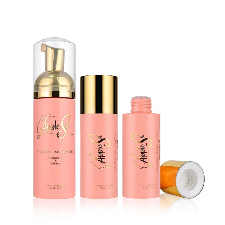 30 100 150 ml pink plastic skincare packaging facial foam cleanser bottle set airless plastic cosmetic toner bottle