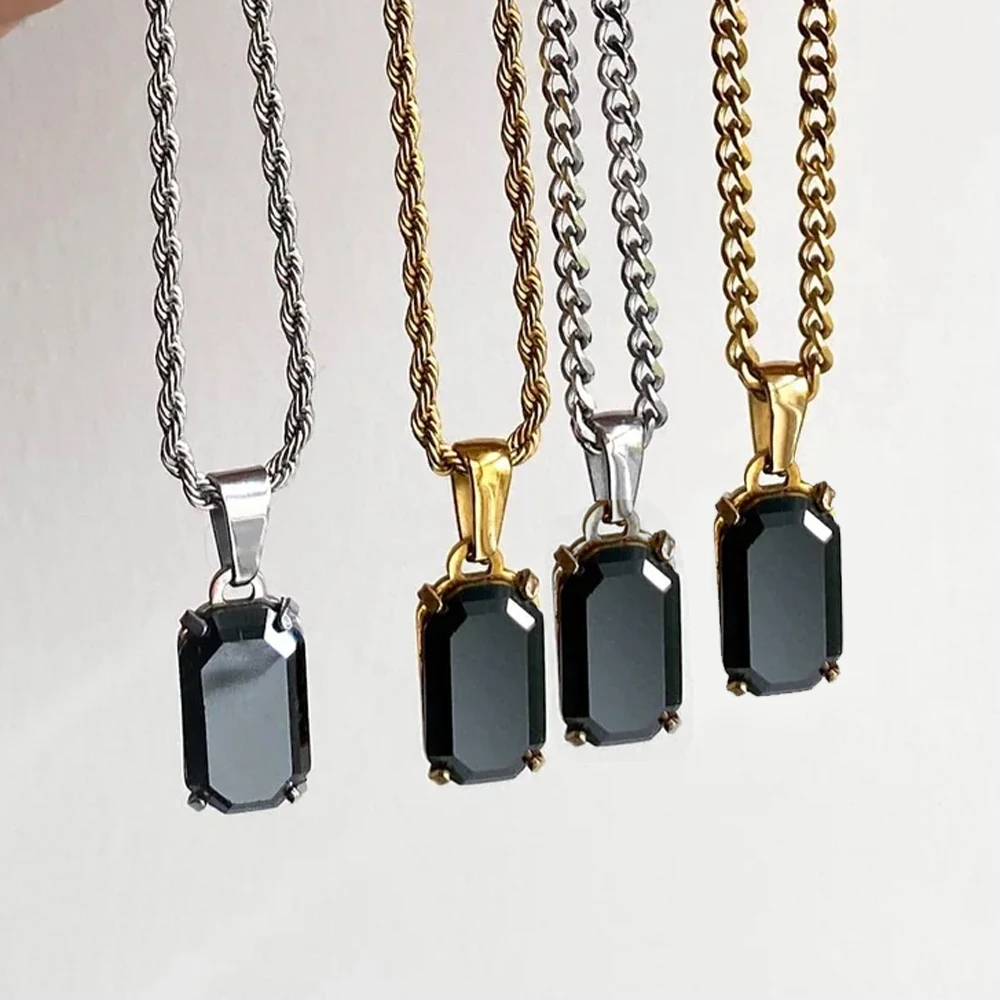 Waterproof Gemstone Jewelry Street Style Natural Stone Void Necklace Silver 18k Gold Stainless Steel Black Onyx Pendant Necklace