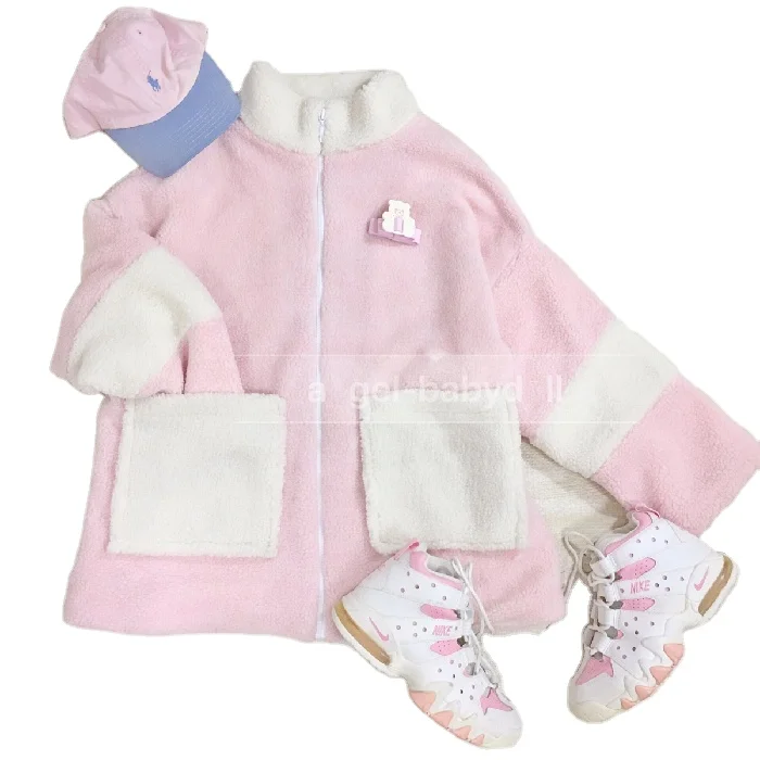 Lamb wool coat women loose lamb-like wool pink stitching turtleneck plus fleece cardigan sweater new autumn and winter