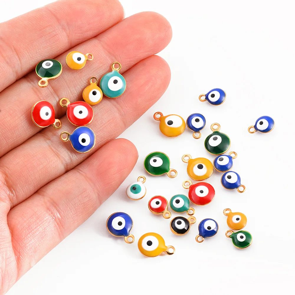 Wholesale Stainless Steel Round Evil Eye Enamel Pendant Charms 6mm 8mm DIY Accessories Multi Colors for Bracelet Necklace Making