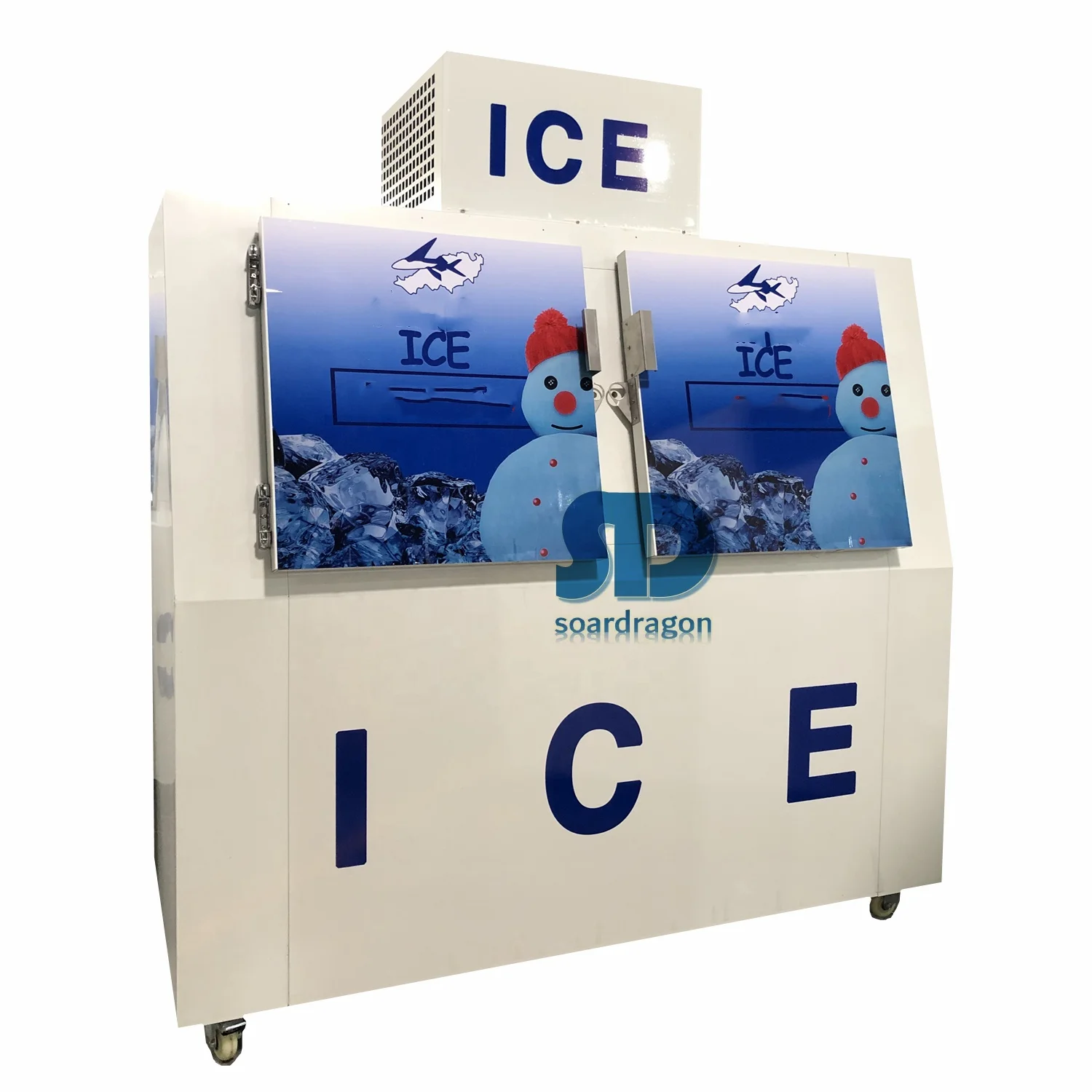 Soardragon CE Slant door Bagged ice freezer fan forced ice merchandiser Incline door cold wall cube ice storage bin