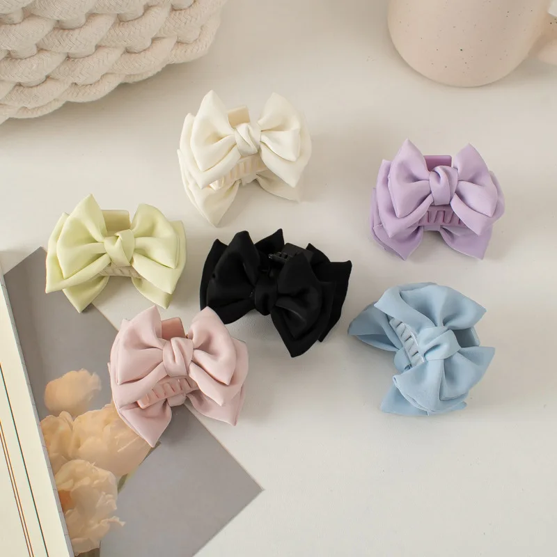 Solid Color Elegant Stylish Silk Big Bow Knot Claw Hair Clips  for Thick Long Curl Hair Women and Girls