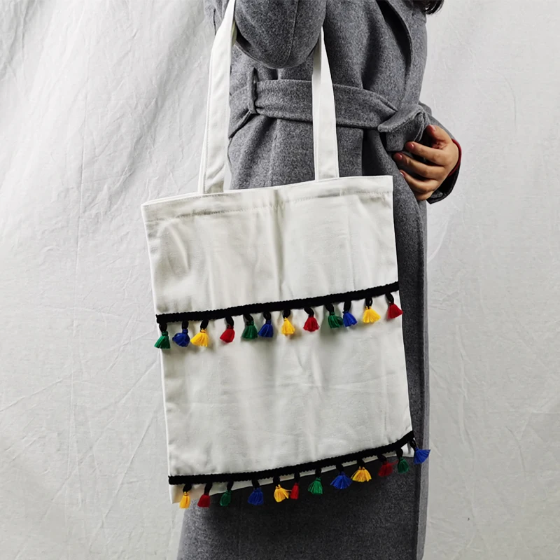 Wholesale  Eco Friendly White 12OZ Zipper Fashion Custom LOGO Printed Tote Shopping Cotton Canvas Bags With Tassel