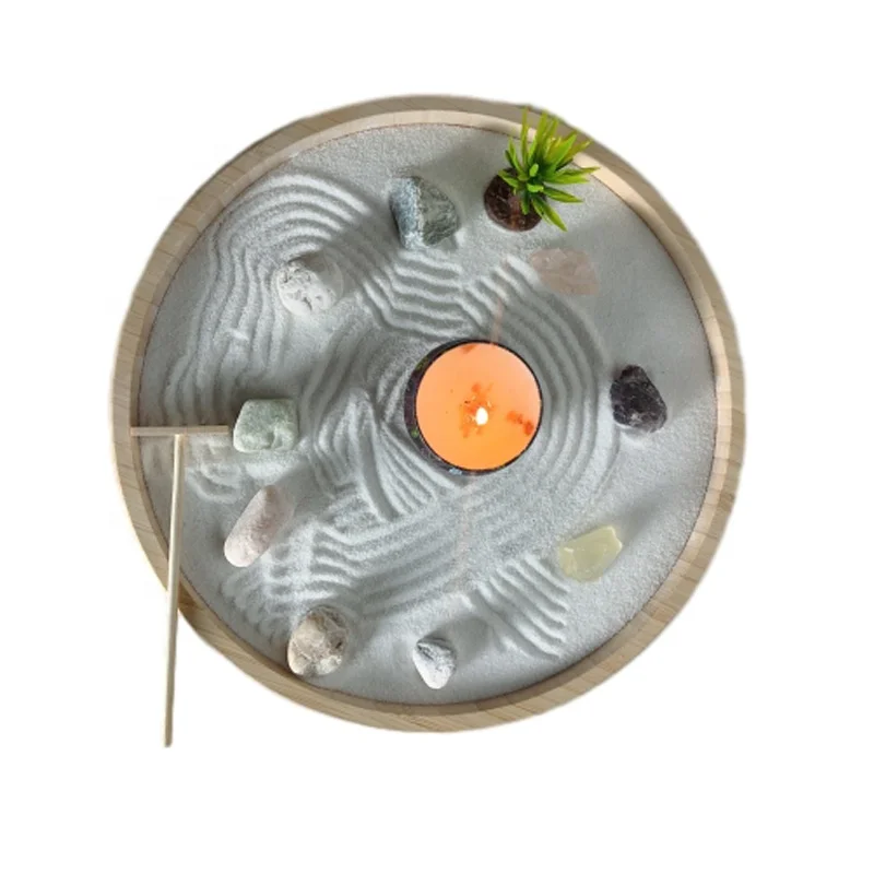 Large Round Tray Mini Desktop Desk Japanese Zen Garden Kit Decor for Home Office Gift Therapy Relaxation Meditation