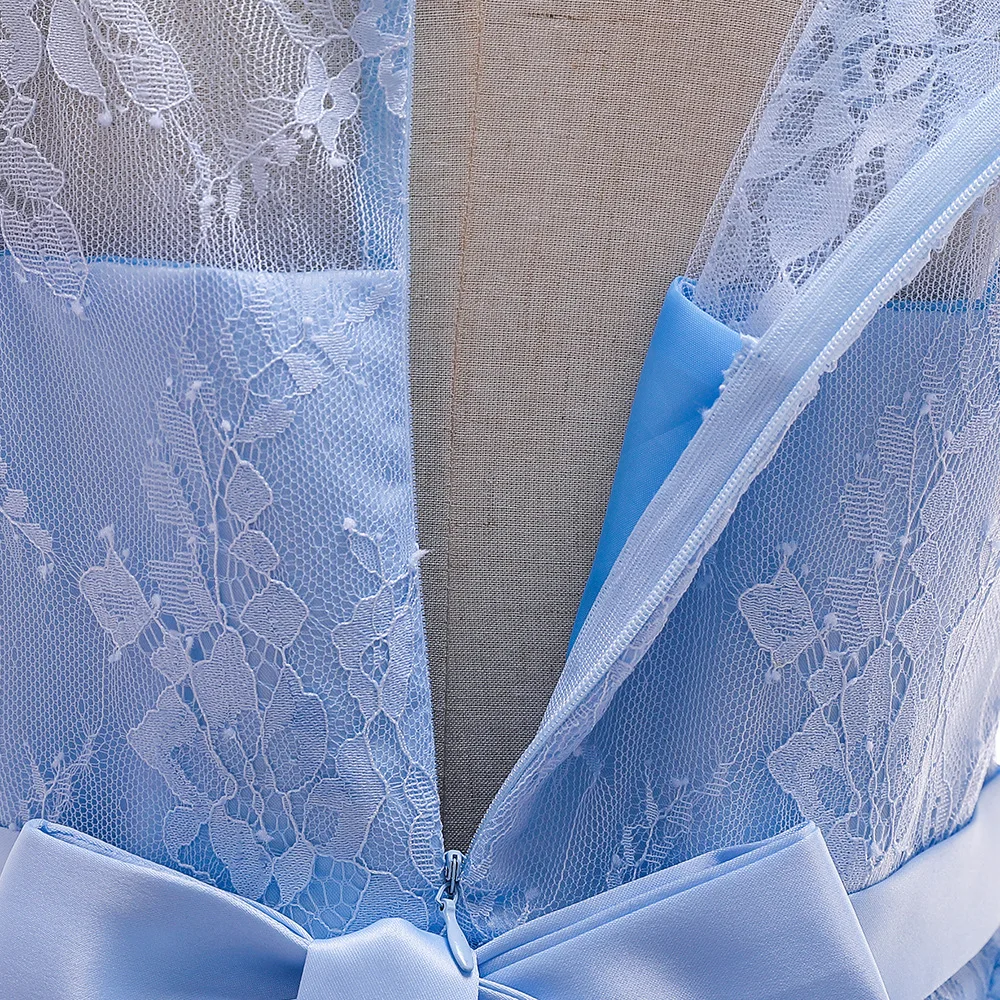 High quality long little girl gowns pageant short sleeve lace 13 year old girls dress light blue cheap modern frock designs