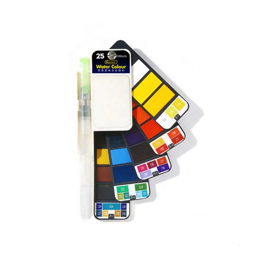 25 Colors Portable Travel Solid Pigment Watercolor Paints Set With Water Color Brush Pen For Painting Art Supplies