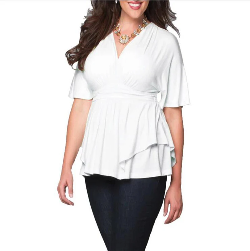 Sudaderas De Mujer Grandes Summer Ladies Women Half Sleeve V Neck Waist Casual Tops Blouses Plain Oversized Plus Size Shirts