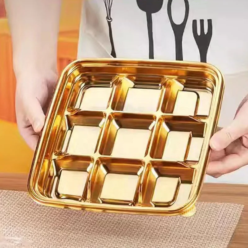 9  compartment Sushi Box High-grade One-time Square Platter Packing Tray Nine Grid Plastic Golden Take-out Lunch Box