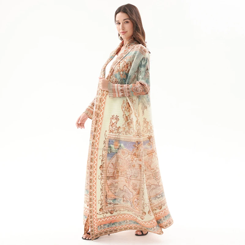 Factory Customized Miyake Open Abaya Print Kaftan Robes Pleated Lady Coat Commuting  Casual Long Dress Mid-East