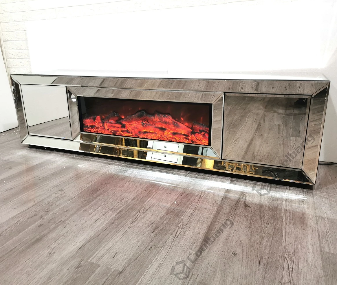 Large Living Room Frniture Silver Glass Mirrored TV Stand with Fireplace