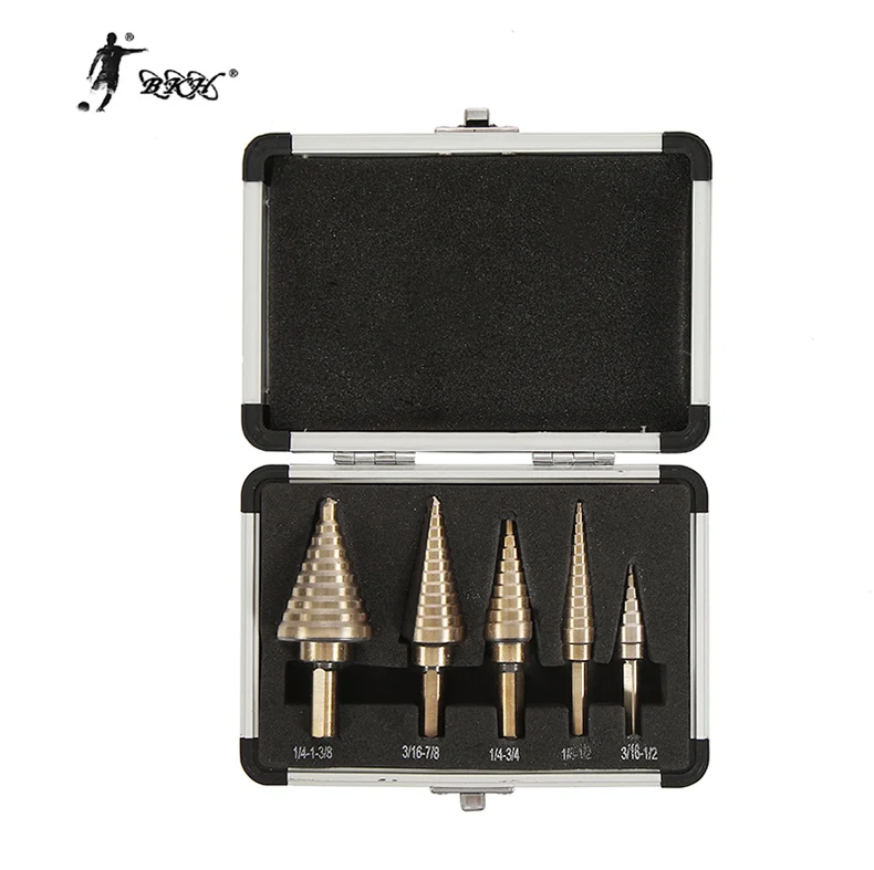 BKH Wholesale 5 pcs High Speed Steel Aluminum Box Straight Flute Trilateral Handle Step Drill For Stainless Steel Metal