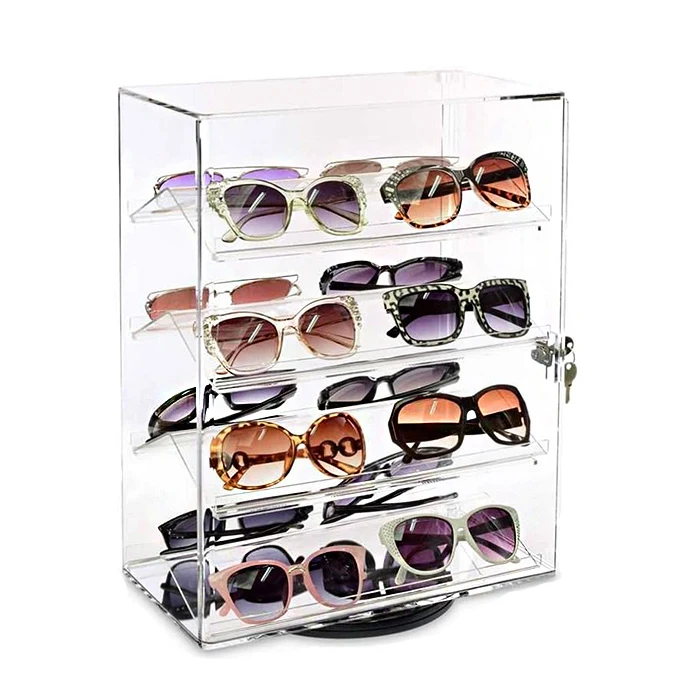 4 Tiers Rotating Clear Acrylic Sunglasses Display Case Countertop Sunglasses Showcase With Lock For Shop