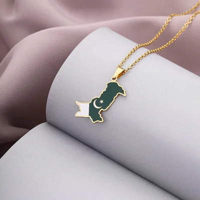 Fashionable Vacuum Plating Titanium Steel Pakistan Map Necklace Stainless Steel Enamel Pakistan Flag Charm Necklace
