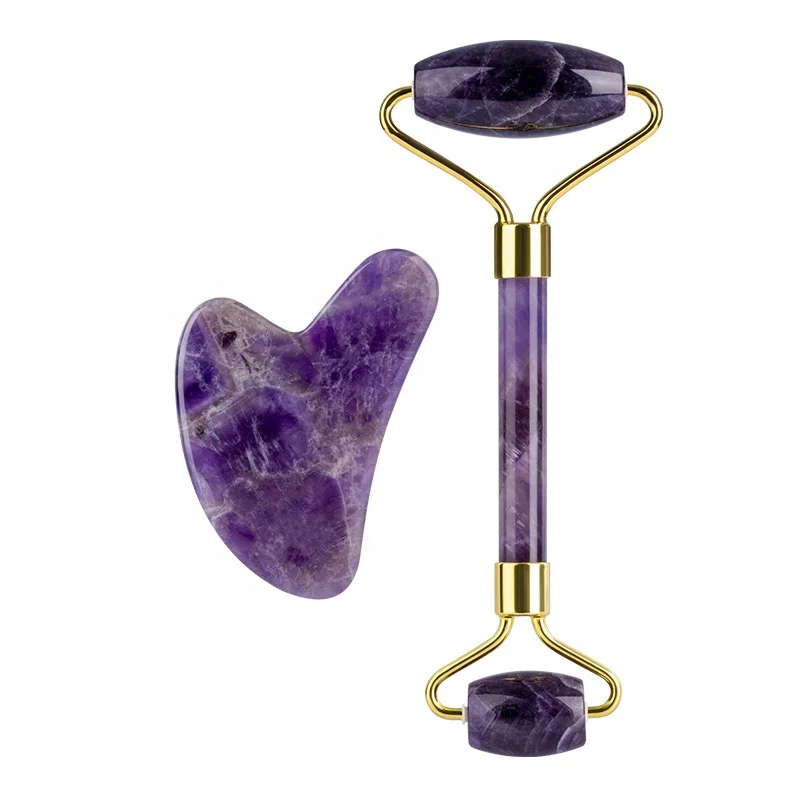 
High Quality Custom Logo Beauty Face Massage Lift Authentic Purple Amethyst Jade Roller 