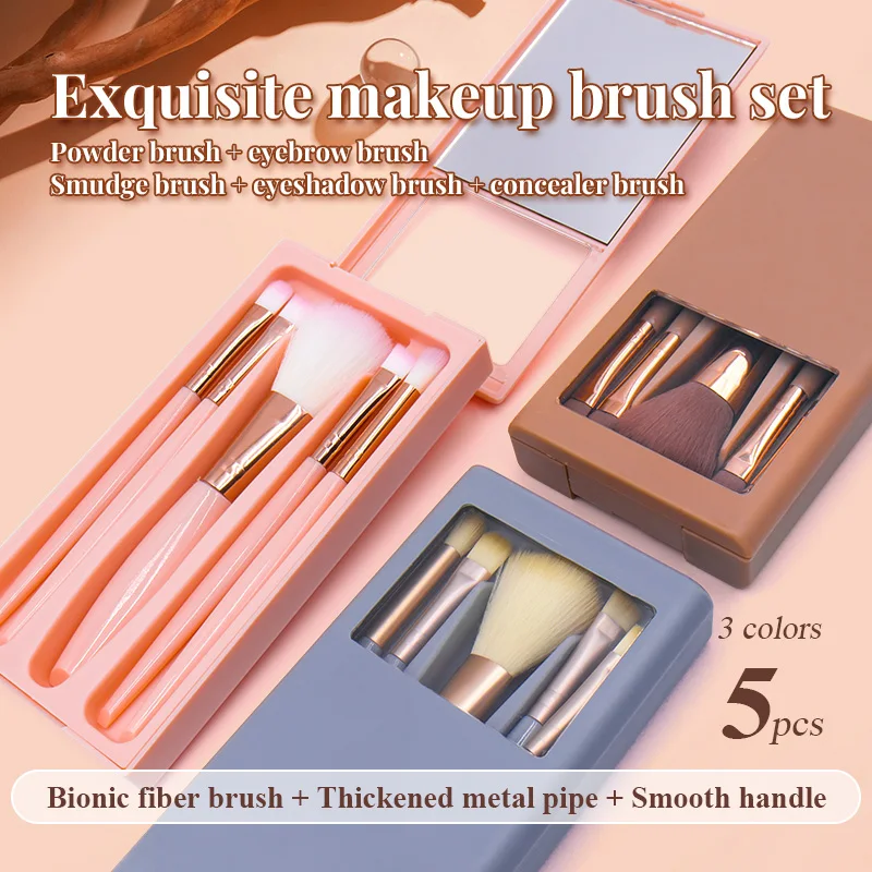 5 Pcs/Box Hot Sale Makeup Brush Set With Mirror Box Portable Travel Makeup Cover Brush Soft Hair Eye Shadow Brush 3 Colors