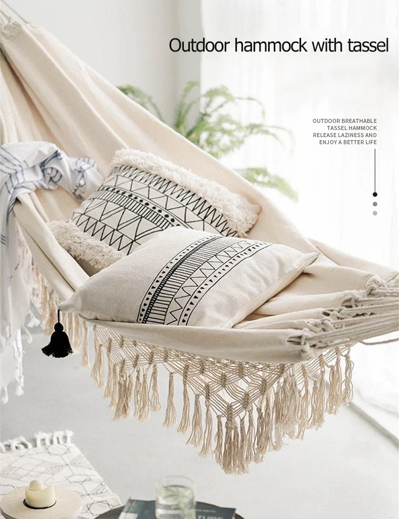 Outdoor Handmade Swing Hammock Cotton Hammock With Tassel Brazilian Macrame Hanging Hammock