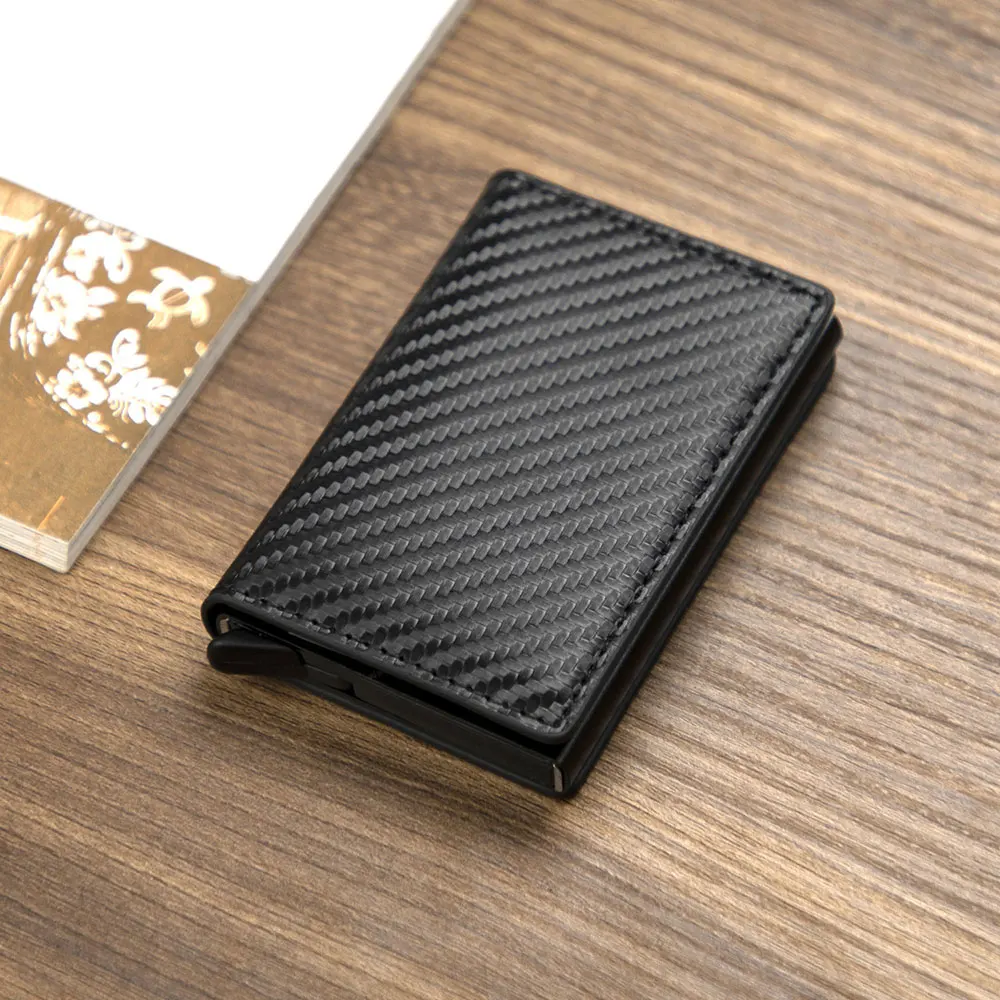 RFID Blocking Function PU Leather Automatic Pop Up Credit Card Holder Wallet With Metal Card Box