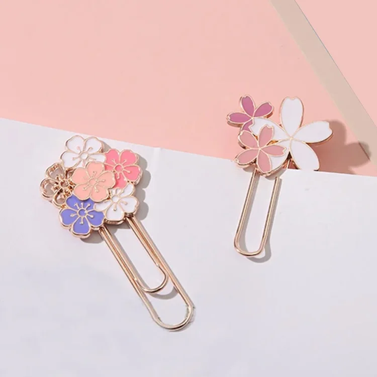 Custom Cherry Blossom Paper Clip Metal Enamel Flower Bookmarks For Binder Clips Photos Tickets Holder Documents Letter Clamp