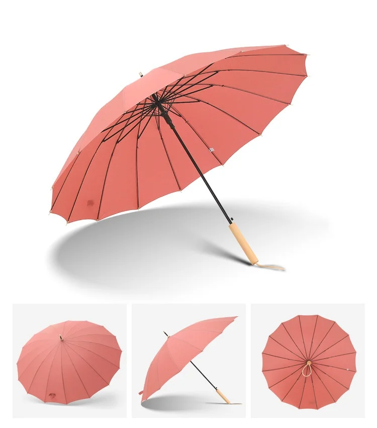 China supplier Straight Umbrella 16 ribs wind protect stick umbrella Modern design wood handle parasol