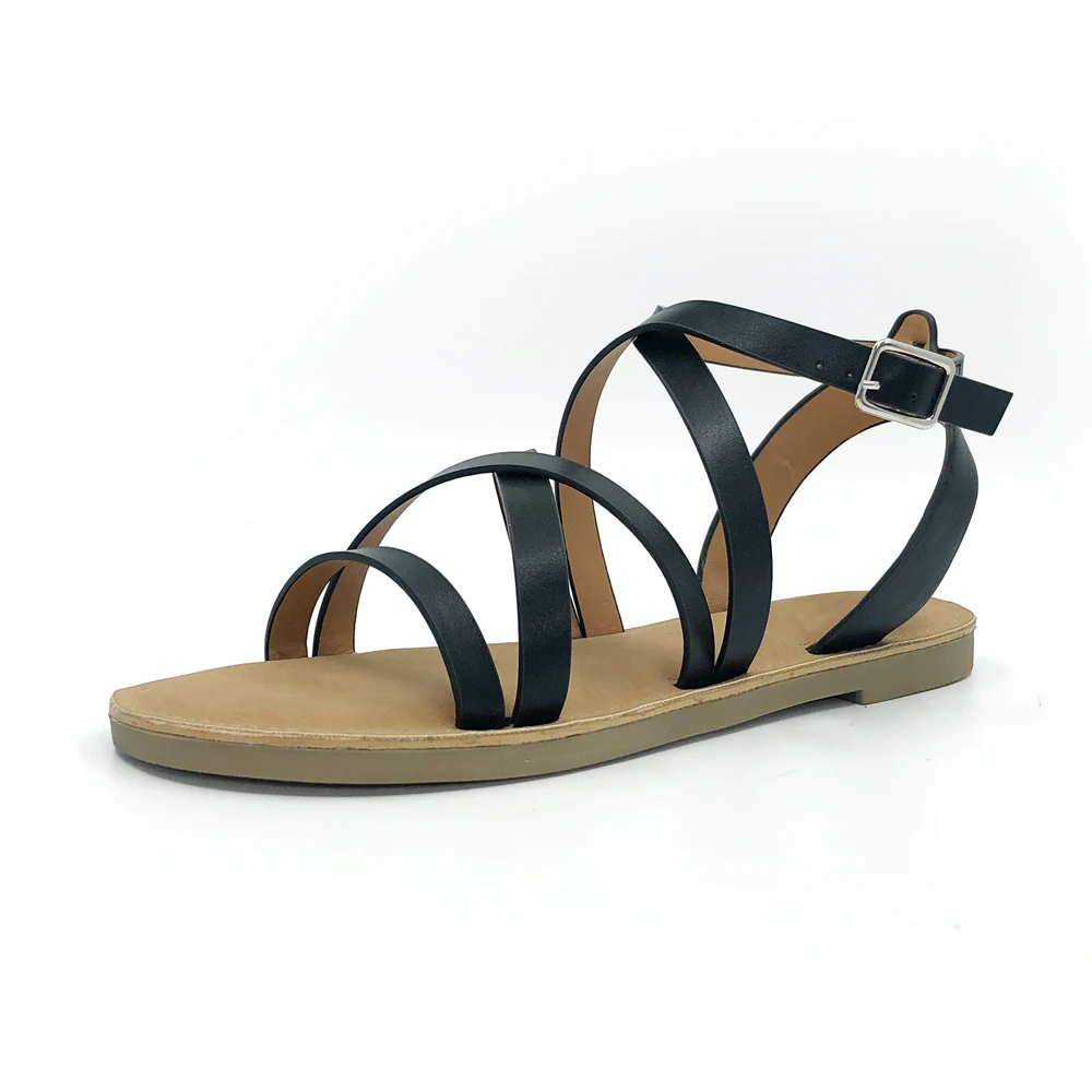 Factory Custom Cross Strap Flat Sandals Ladies Summer Slippers for Women Glossy Black Slide Girls Sandal  OEM Manufacturer