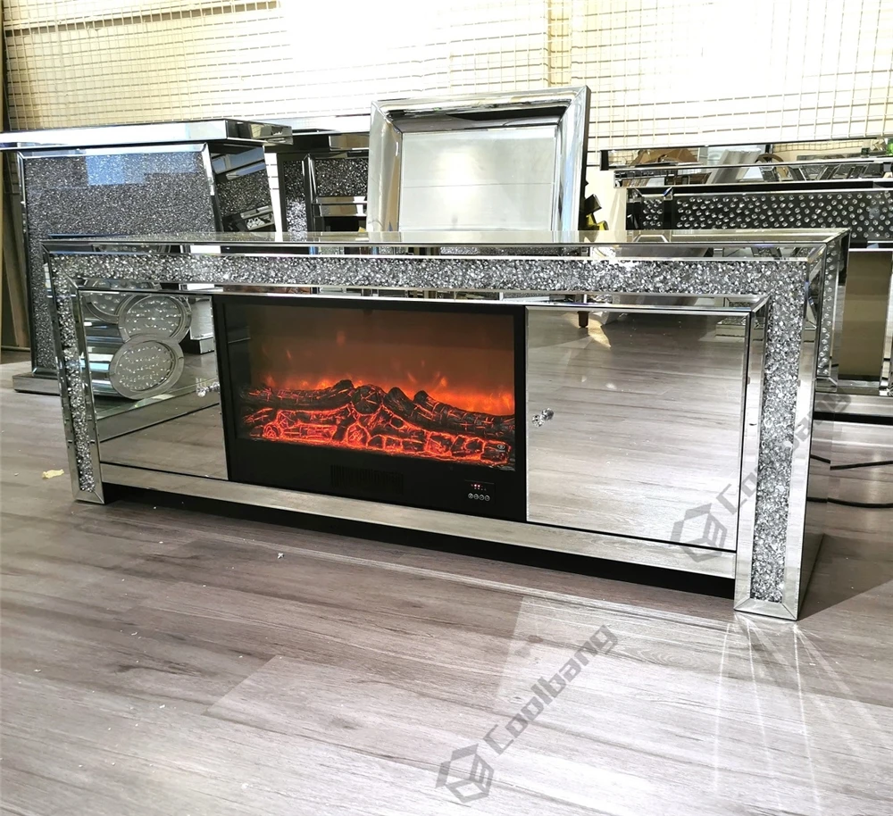 Living Room Crushed Diamond Mirrored TV Stand Cabinet with Electric Fireplace