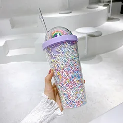 Fashion creative custom logo double wall bpa free eco-friendly  plastic cup with straws milk shake cup juice bottle