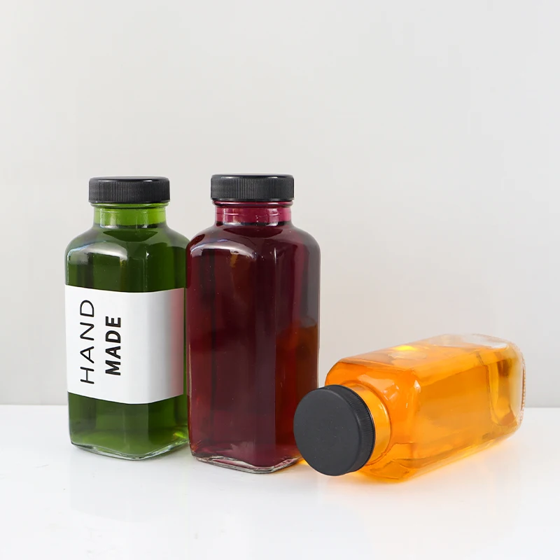 Wholesale Empty Square 500ml Milk juice tea drink Glass Bottle With Lid Screen Printing Juice Soft Drink Beverage glass bottles