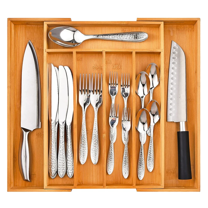 Amazon Supplier Adjustable Cutlery Custom Wholesale Bamboo Kitchen Cuttlery Tray Drawer Organizer