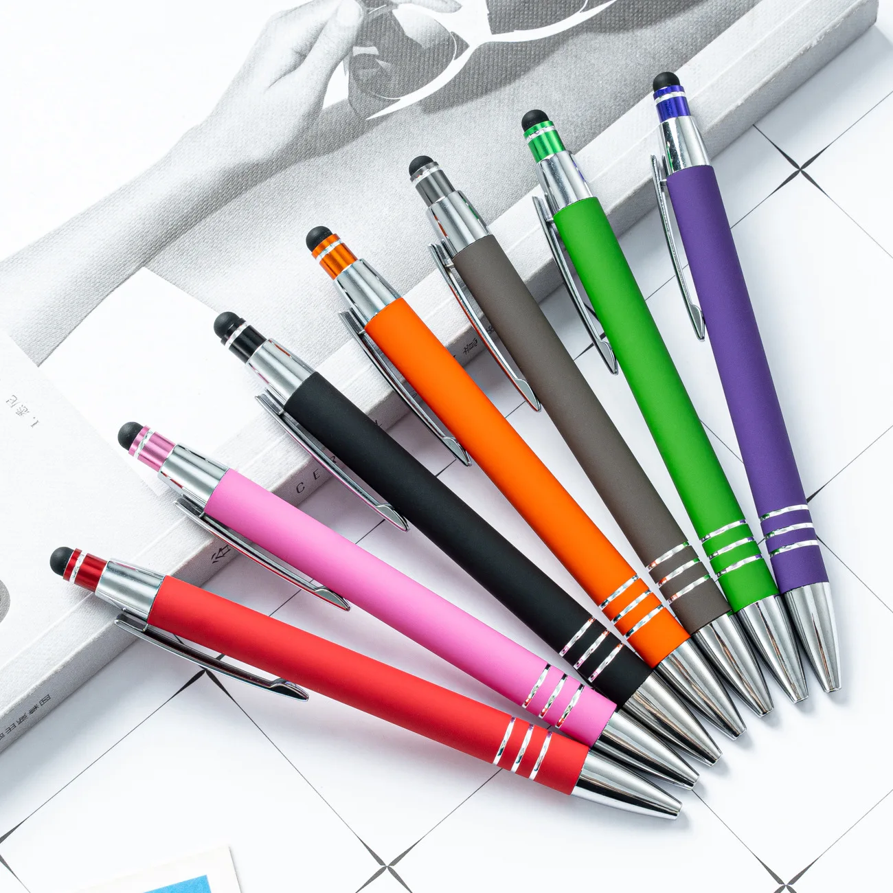 support custom laser engraved logo soft rubber painting stylus metal ballpoint pen-customized metal pen with soft stylus touch