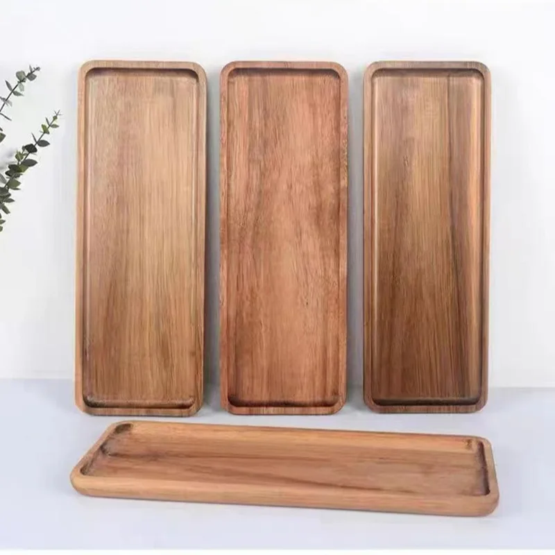 Eco-friendly Serving Tray Platter Solid Wood Breakfast Board Acacia Wooden Rectangular Plate and Dish for Tea Coffee Desserts