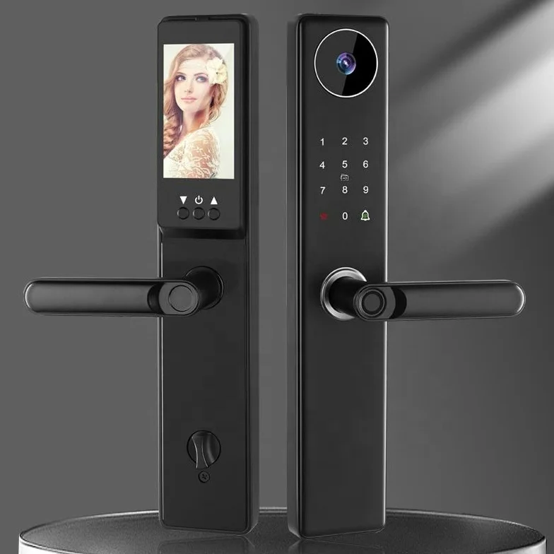 wholesale black WiFi smart door lock with camera locks  and doorbell whit fingerprint bell cerradura inteligente con camara