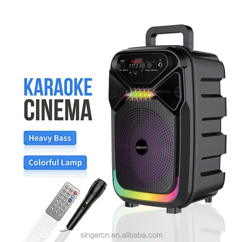 ABS-8105 8 дюймов, 8 Вт, аудиоплеер для домашнего кинотеатра, караоке, Красочный светодиодный беспроводной сабвуфер, портативный динамик с микрофоном