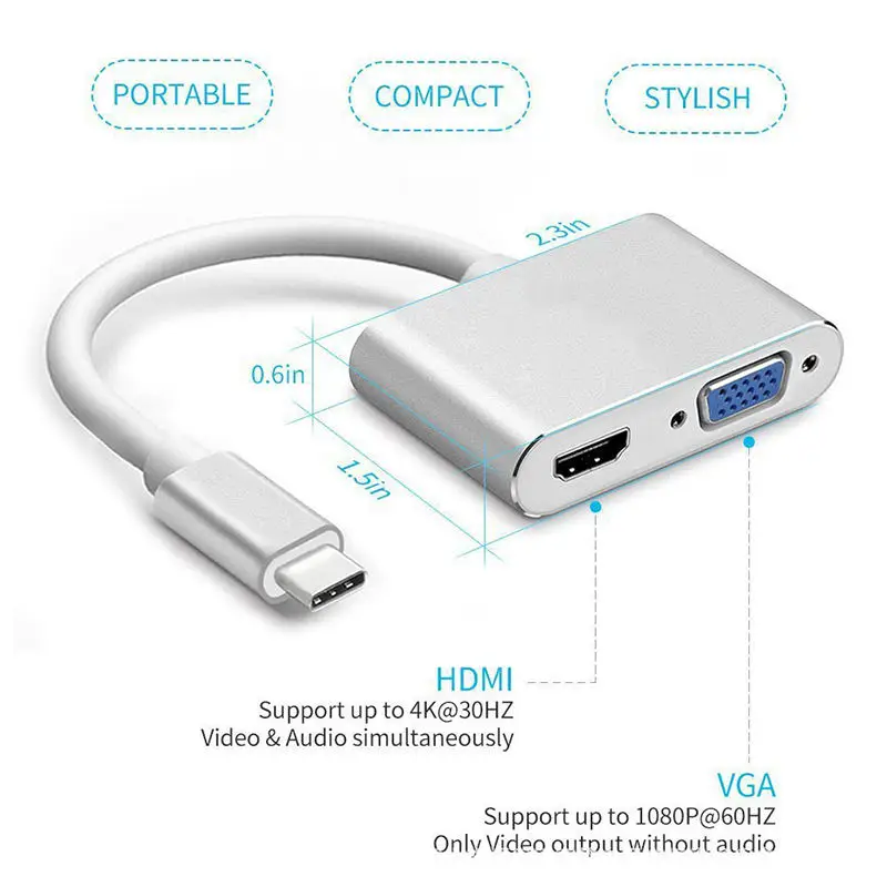 China manufacturer USB Type C to HDMI VGA 3.5mm Audio Hub 3 in 1 Multiport Adapter for mac book