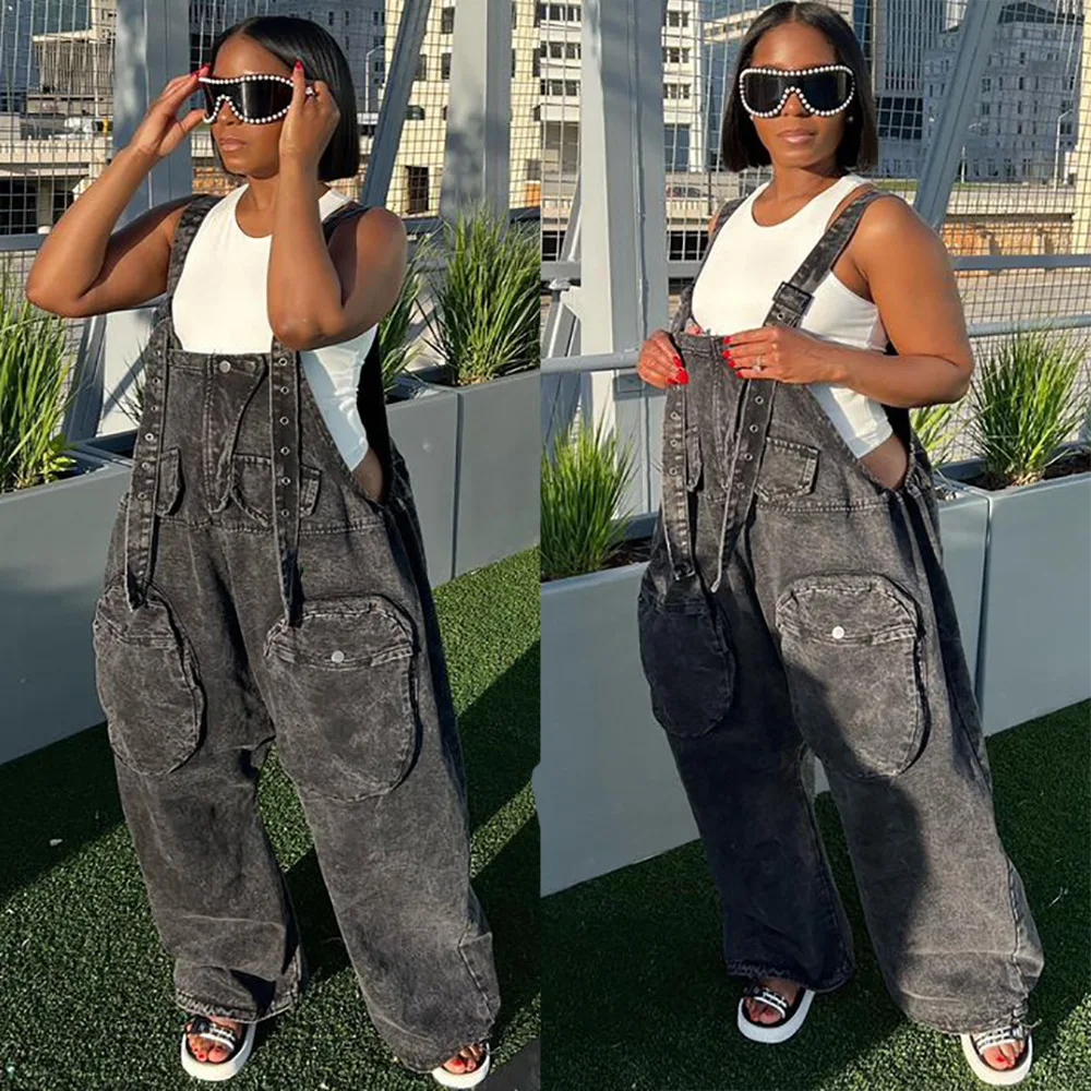 New Design Straight Suspender Trousers Women Jeans 2023 Loose Plus Size Pocket Ladies Cargo Pants